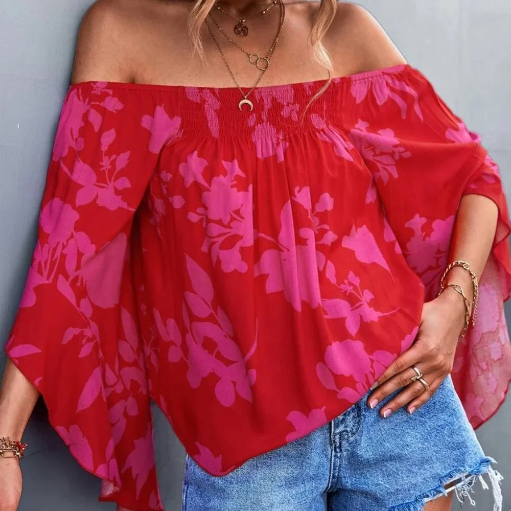 Bohemian Floral Off Shoulder Flounce Sleeve Top - RED